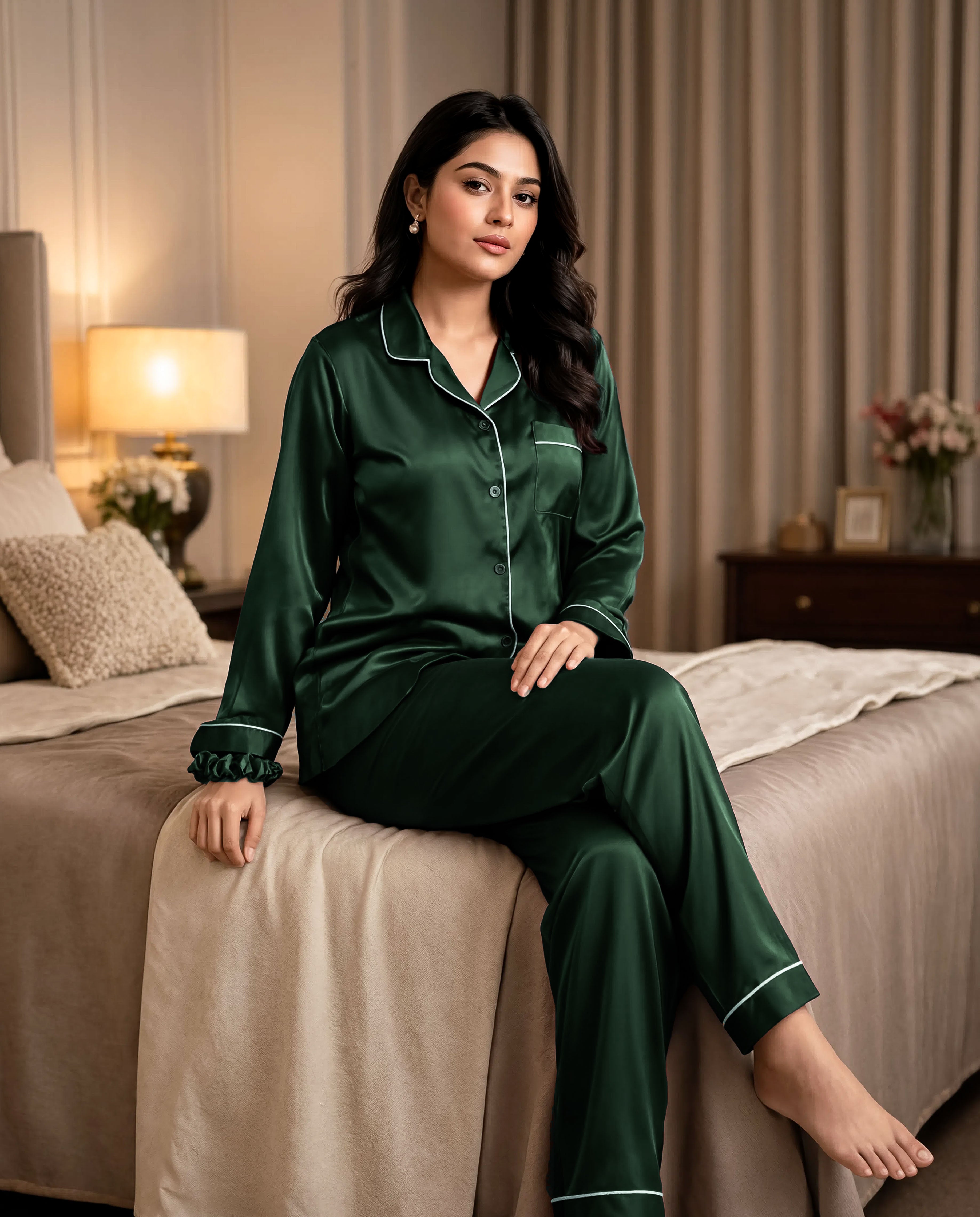 Green Satin Silk Pj Set