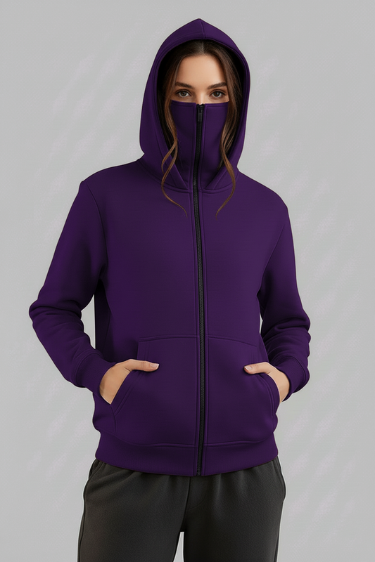Winter Purple Balaclava Ninja Zipper Hoodie Jacket For Women