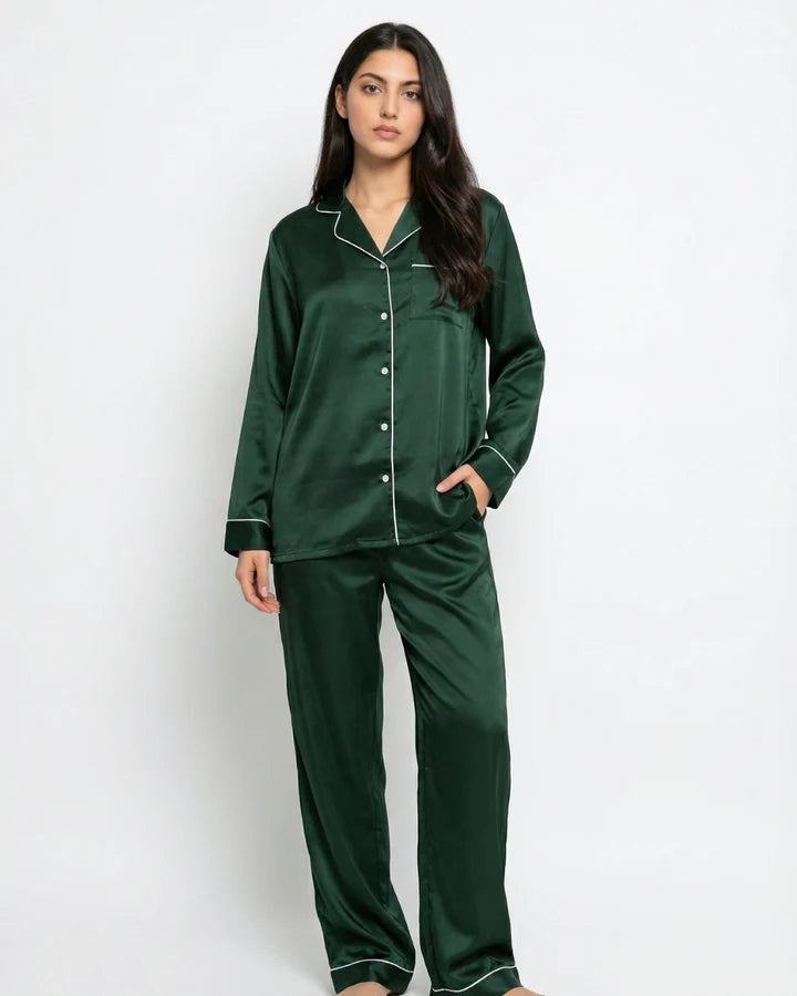 Green Satin Silk Pj Set