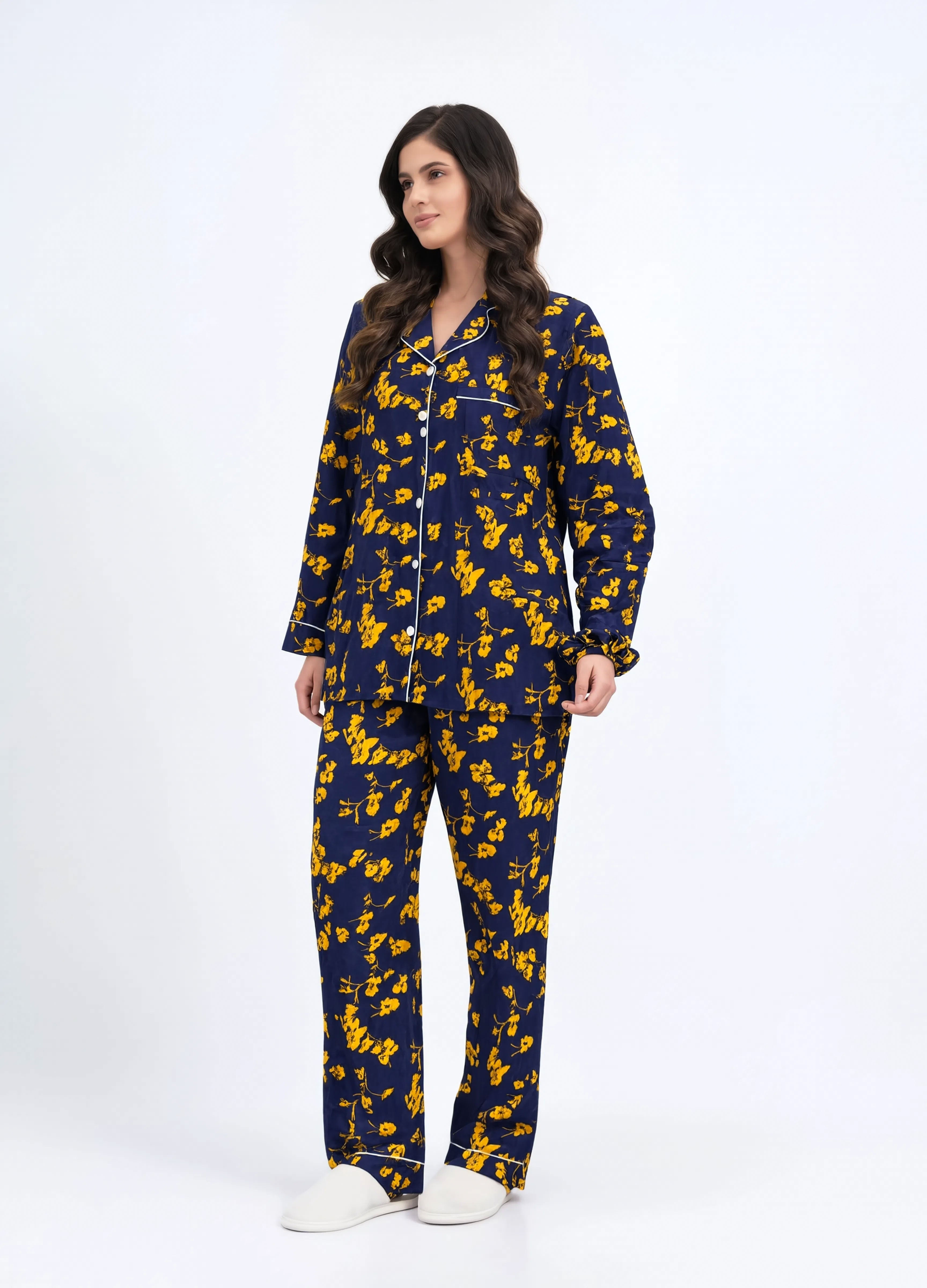 Imported Premium Linen Printed Navy Blue Button-Up Pj Set - PL8