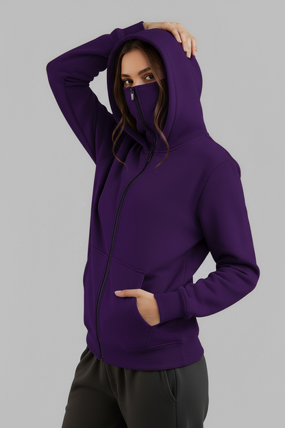 Winter Purple Balaclava Ninja Zipper Hoodie Jacket For Women