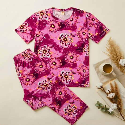 Maroon Flower Design Printed Night Suit