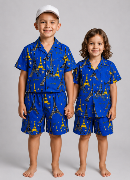 Little Paris Kids Linen Half Sleeve Tee & Shorts Set