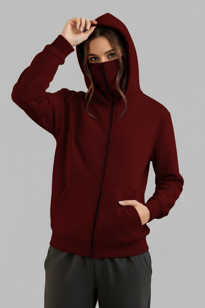 Winter Maroon Balaclava Ninja Zipper Hoodie Jacket For Women