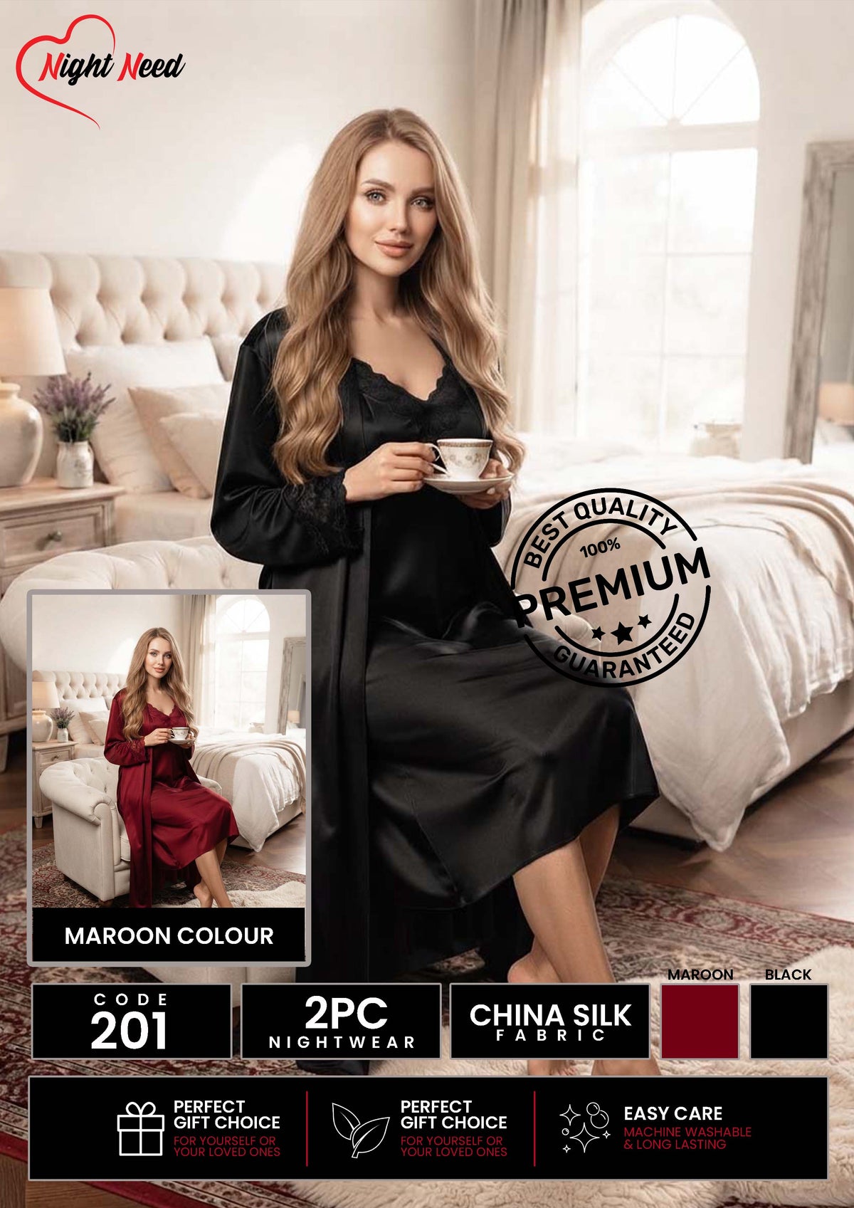 2 Piece Premium Bridal - Lace Trimmed Nightgown & Robe Nighty