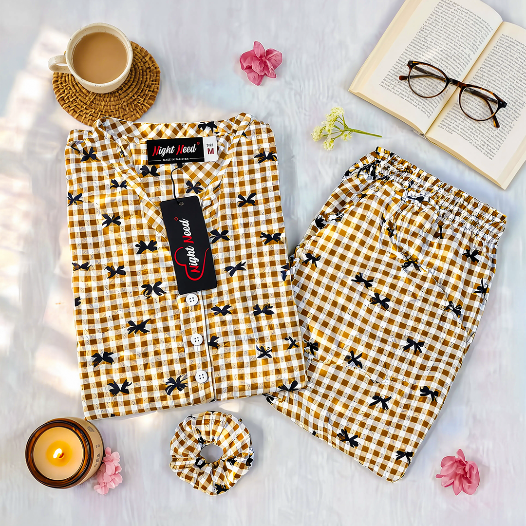 Brown Checkered Bow Printed Crinkled Cotton Night Suit