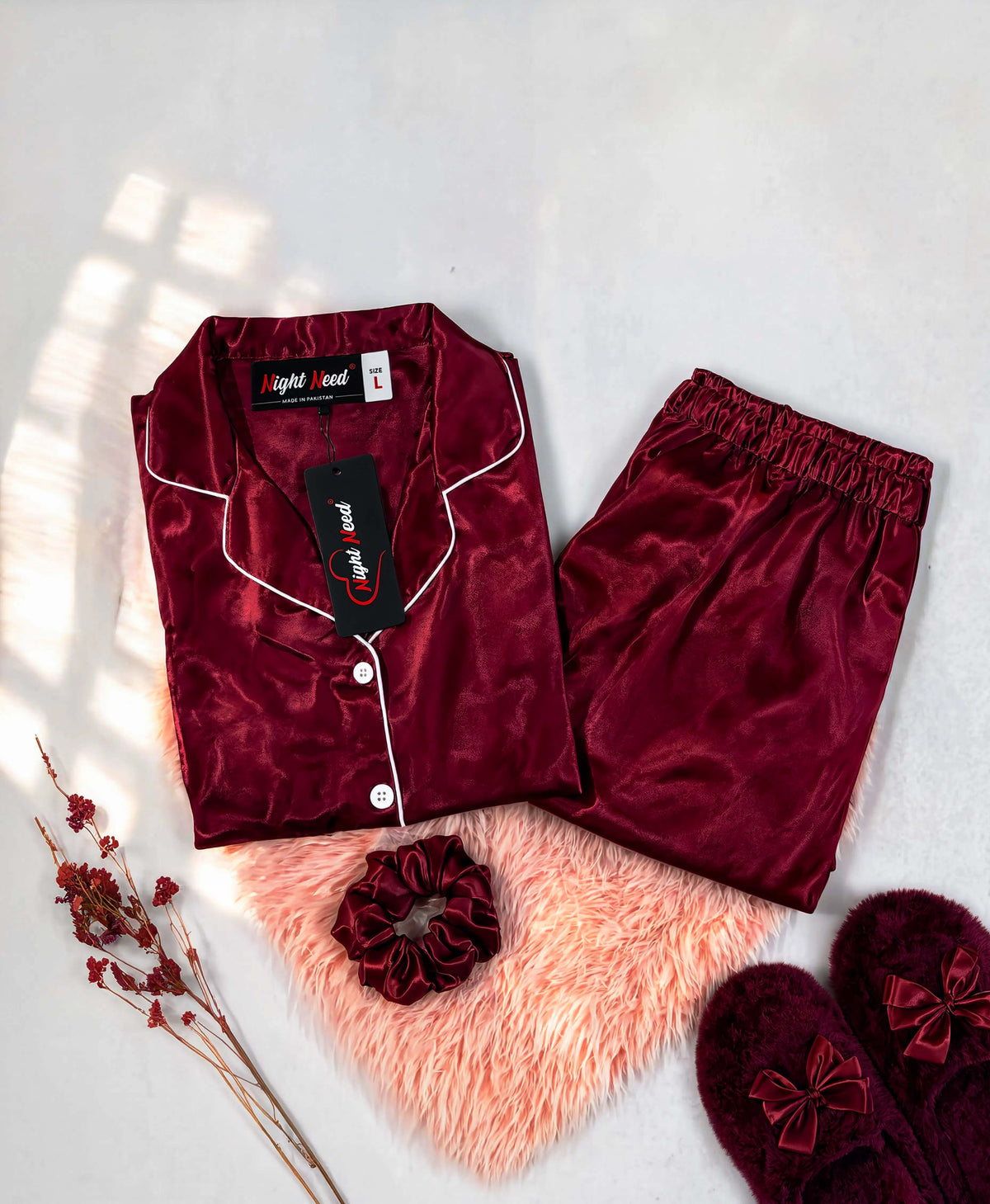 Maroon Satin Silk Pj Set