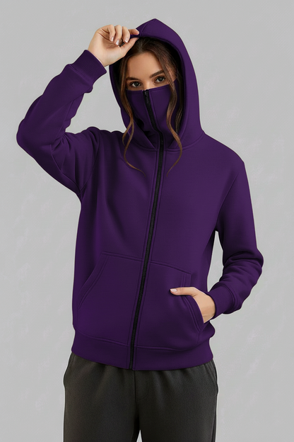 Winter Purple Balaclava Ninja Zipper Hoodie Jacket For Women