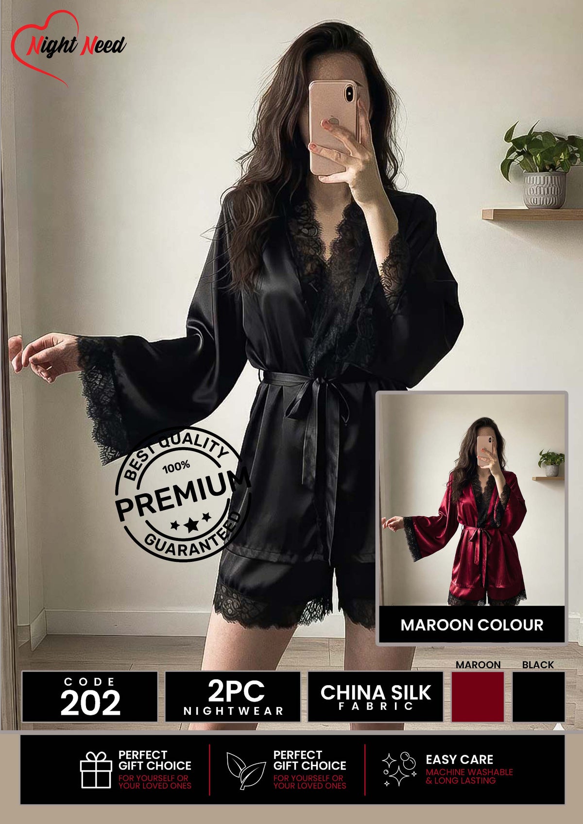 2 Piece Premium Bridal - Robe With Black Lace Trim Nighty