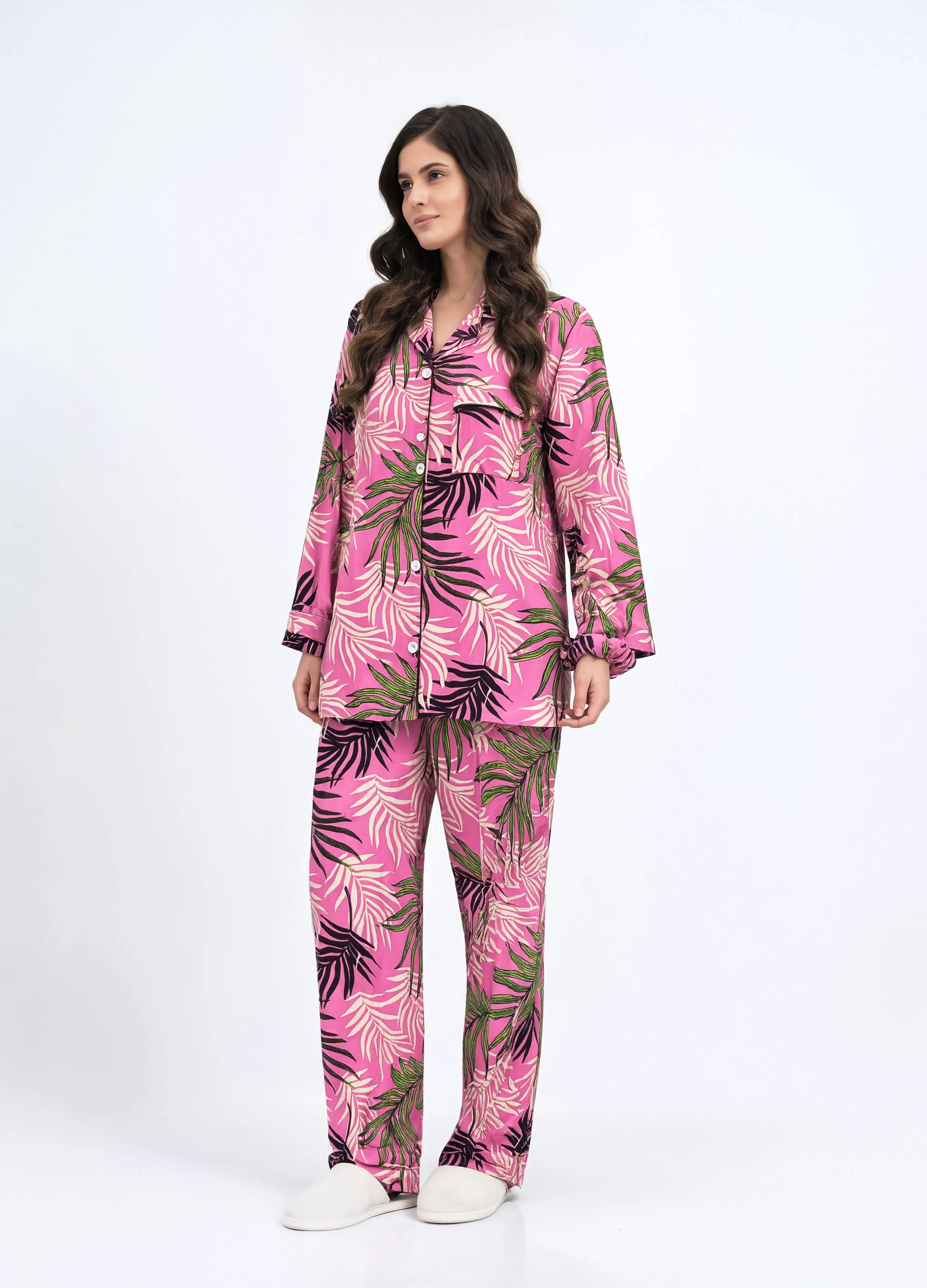 Imported Premium Linen Printed Pink Leafy Pj Set - PL4
