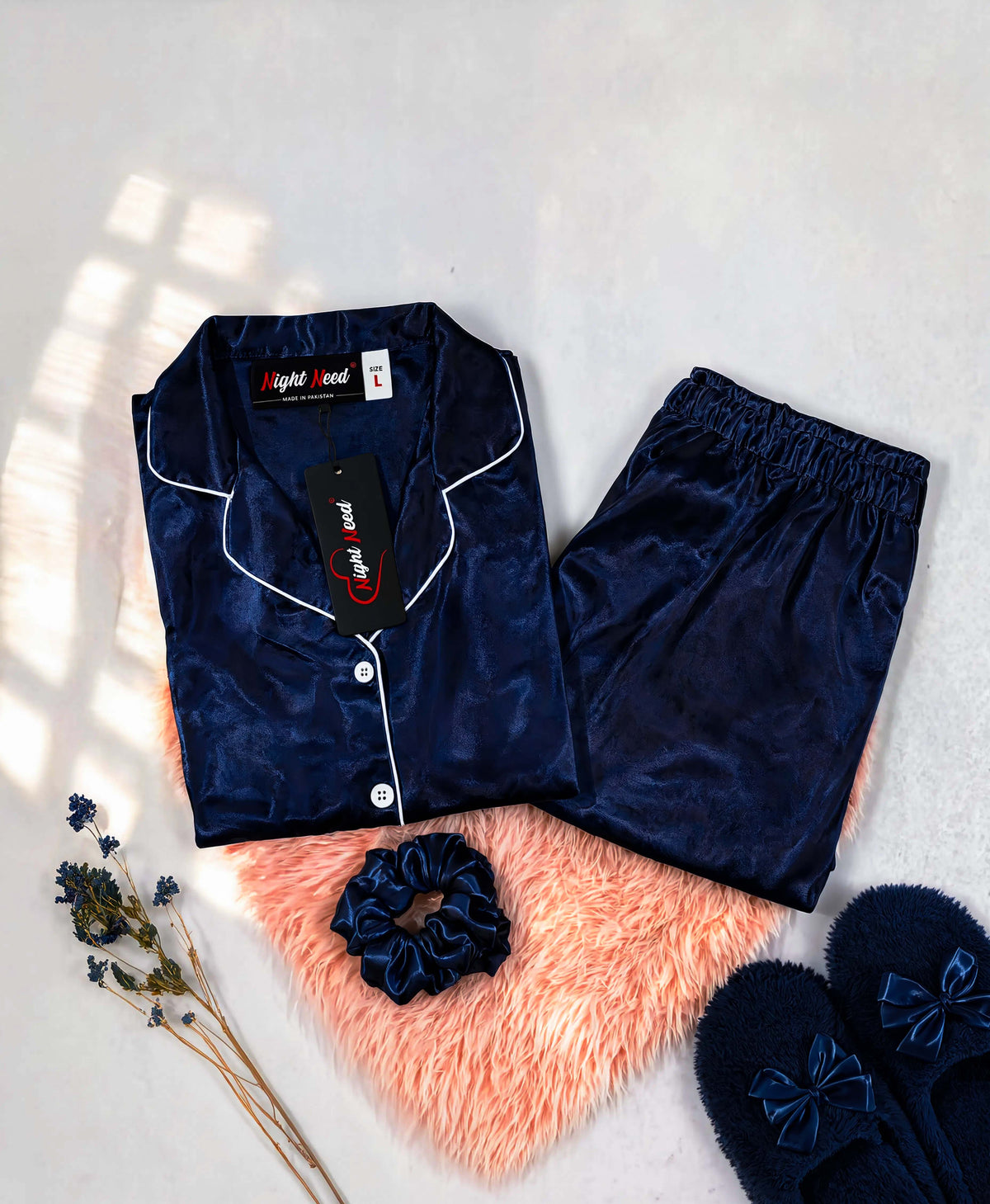 Navy Blue Satin Silk Pj Set