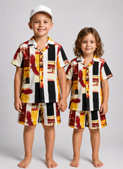 Kite Print Kids Linen Half Sleeve Tee & Shorts Set