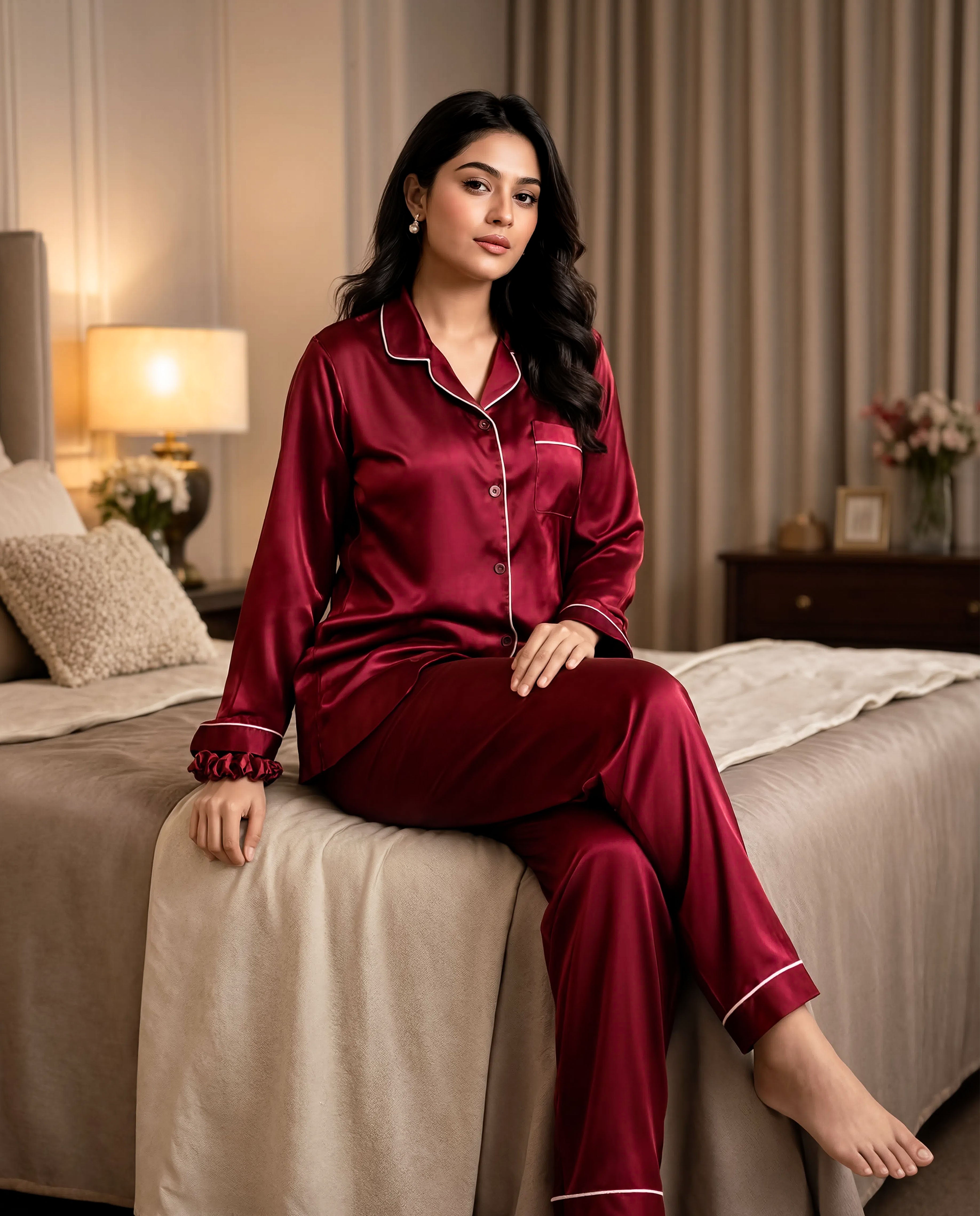 Maroon Satin Silk Pj Set