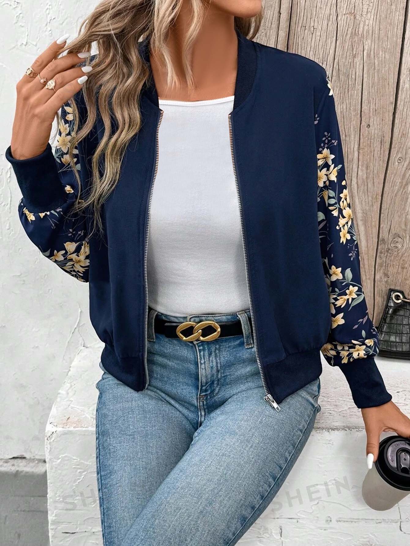 Winter Blue Floral Jacket Women