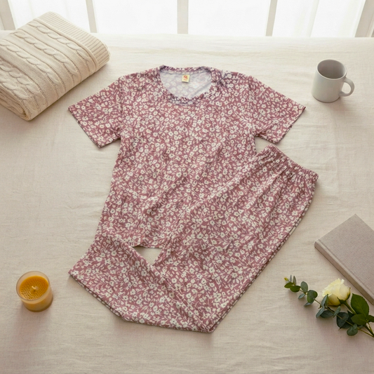 Pink Petals Printed Night Suit