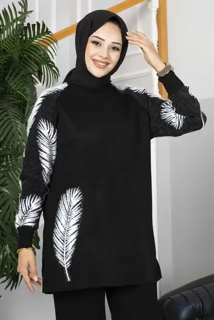 Winter Black Feather Printed Long Sleeves 2 PC Co-Ord Set