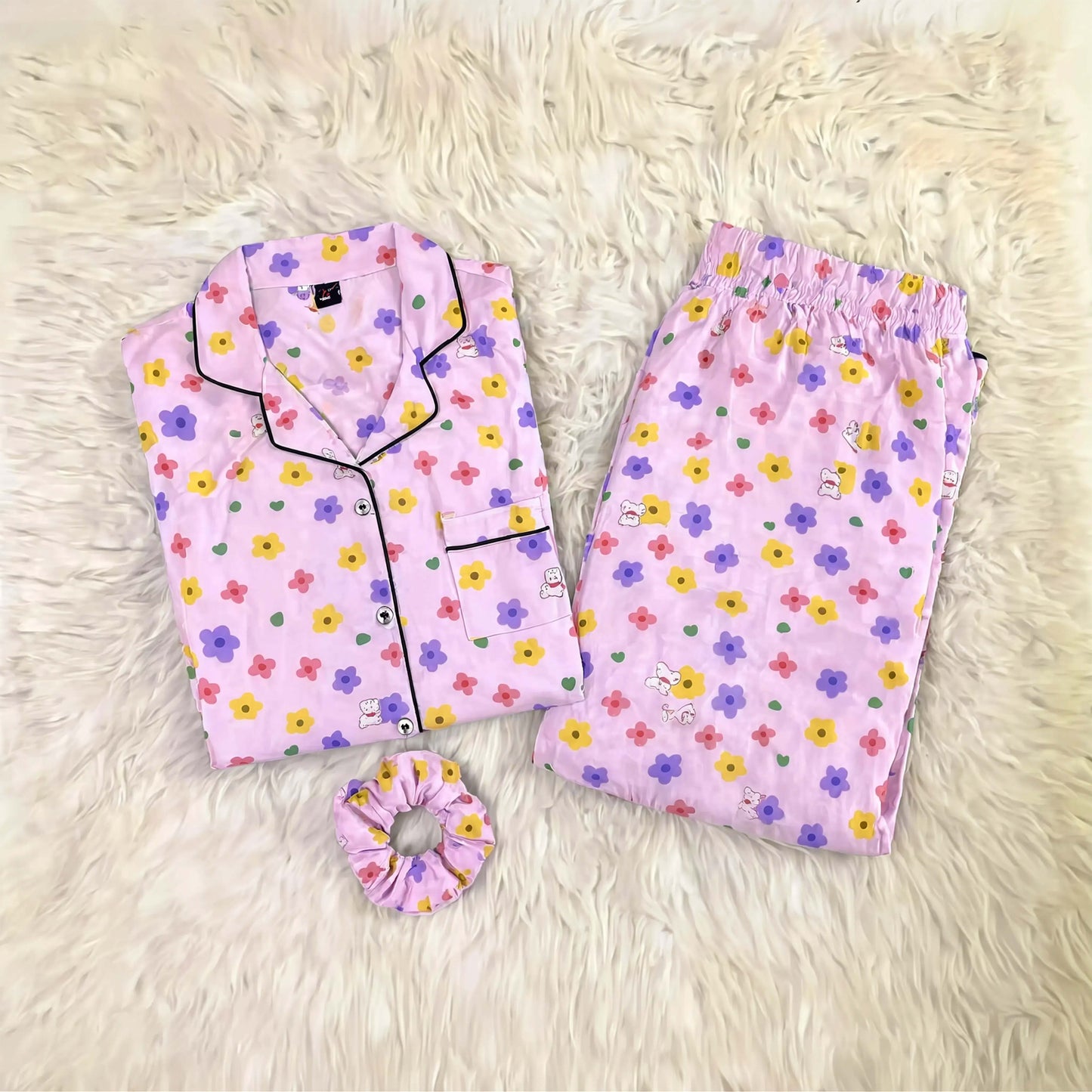 Imported Linen Printed Pink Multi Flower PJ Set-LP27