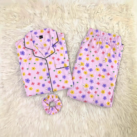Imported Linen Printed Pink Multi Flower PJ Set-LP27