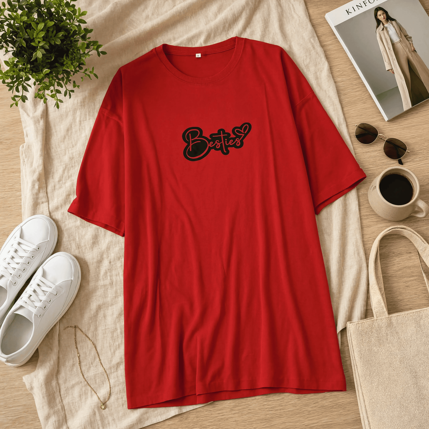 Besties Printed Red Long T Shirt