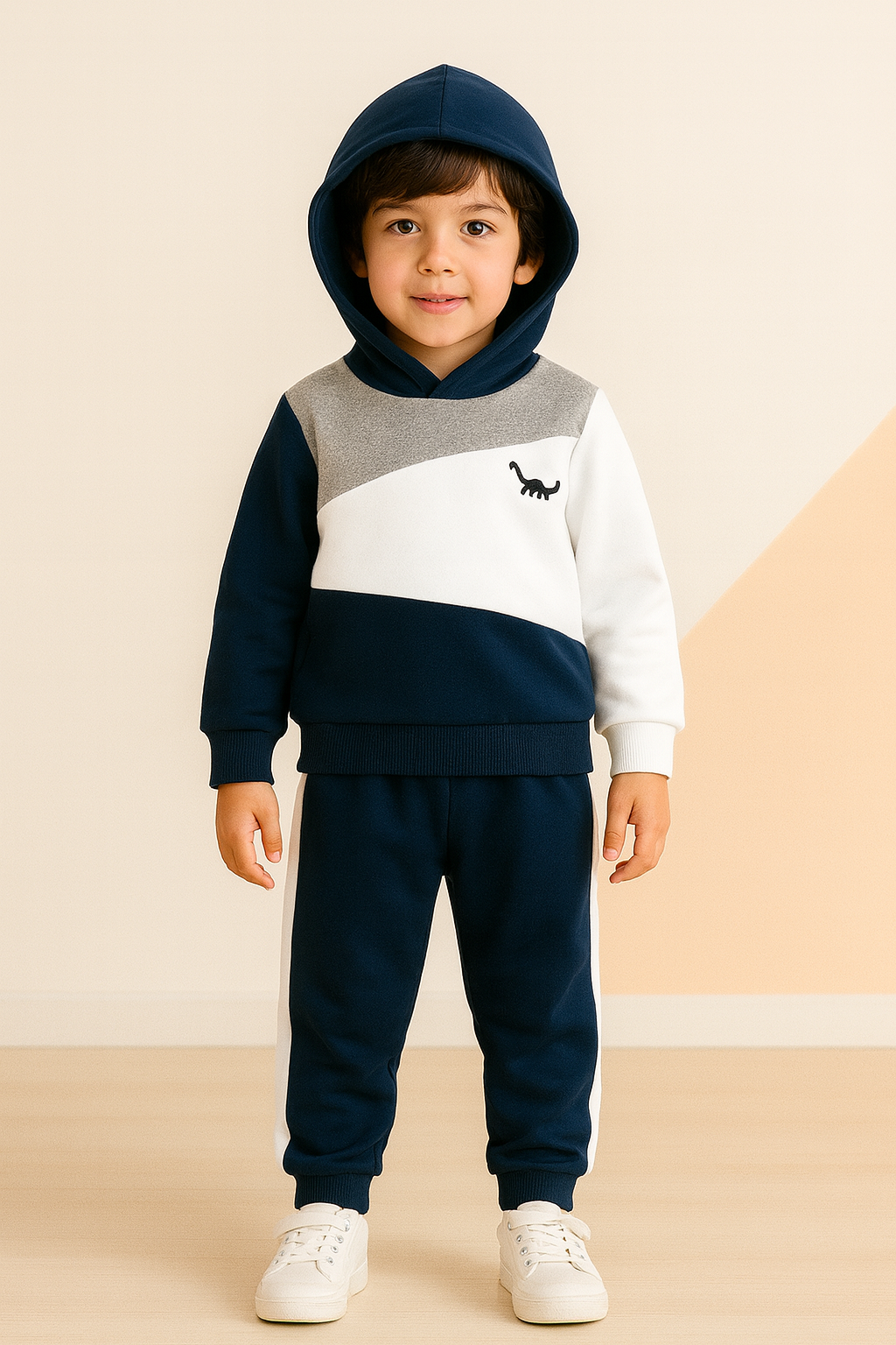Navy Blue Panel Dinosaur Printed Kids Winter Suit (Each)