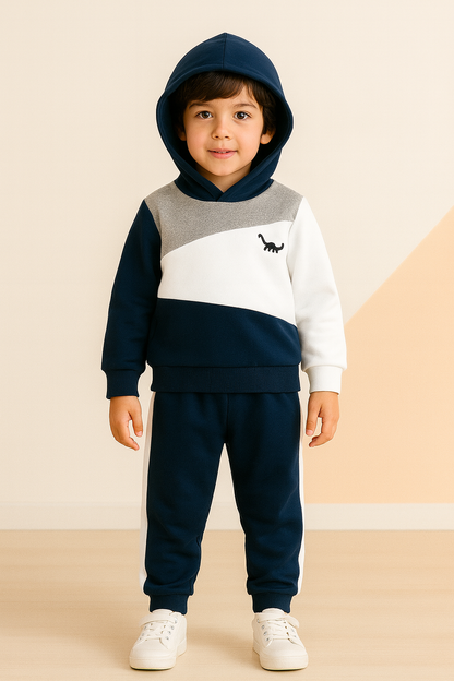 Navy Blue Panel Dinosaur Printed Kids Winter Suit (Each)