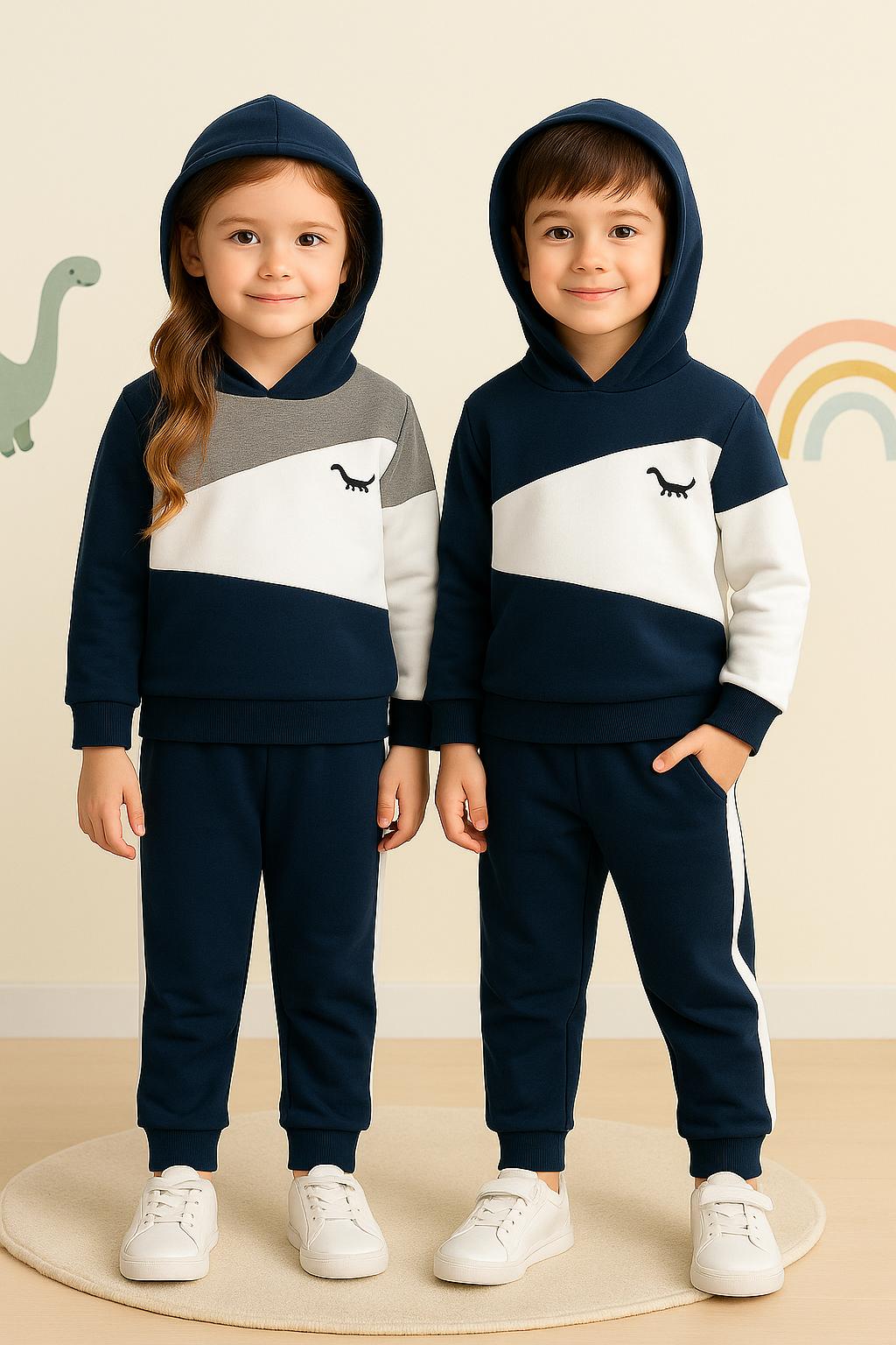 Navy Blue Panel Dinosaur Printed Kids Winter Suit (Each)