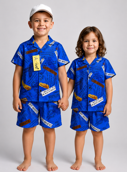 Blue Letters Kids Linen Half Sleeve Tee & Shorts Set