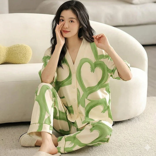 Green Hearts V-Neck Button Printed Night Suit