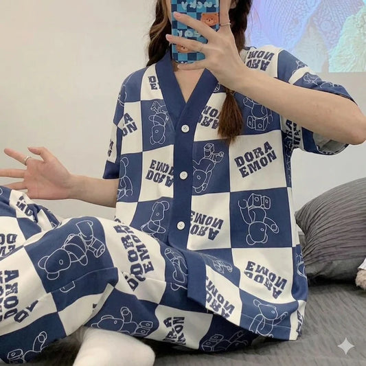 Dora Blue Check Style V-Neck Button Printed Night Suit