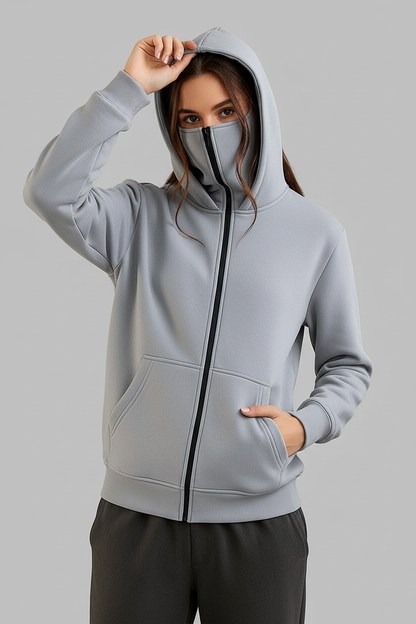 Grey Balaclava Ninja Zipper Hoodie Jacket For Women