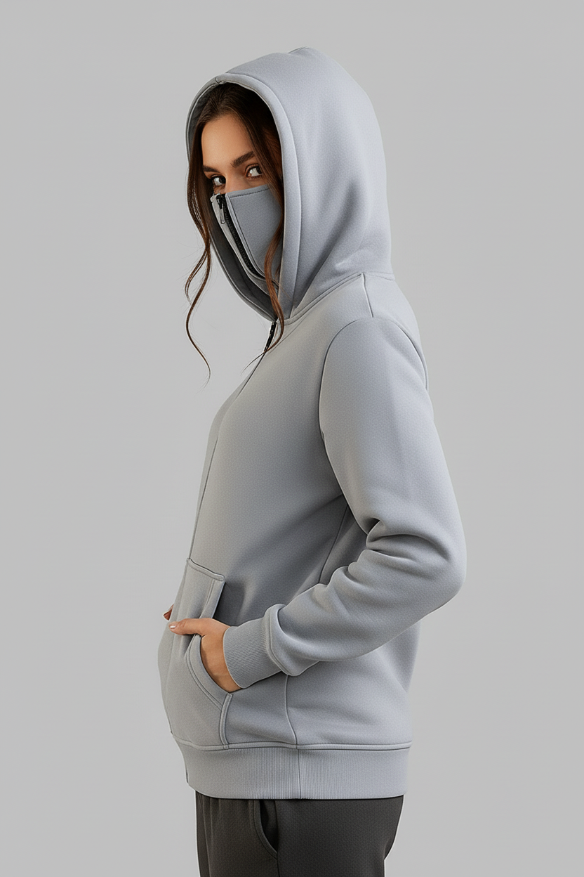 Grey Balaclava Ninja Zipper Hoodie Jacket For Women