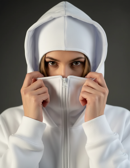 White Balaclava Ninja Zipper Hoodie Jacket For Women