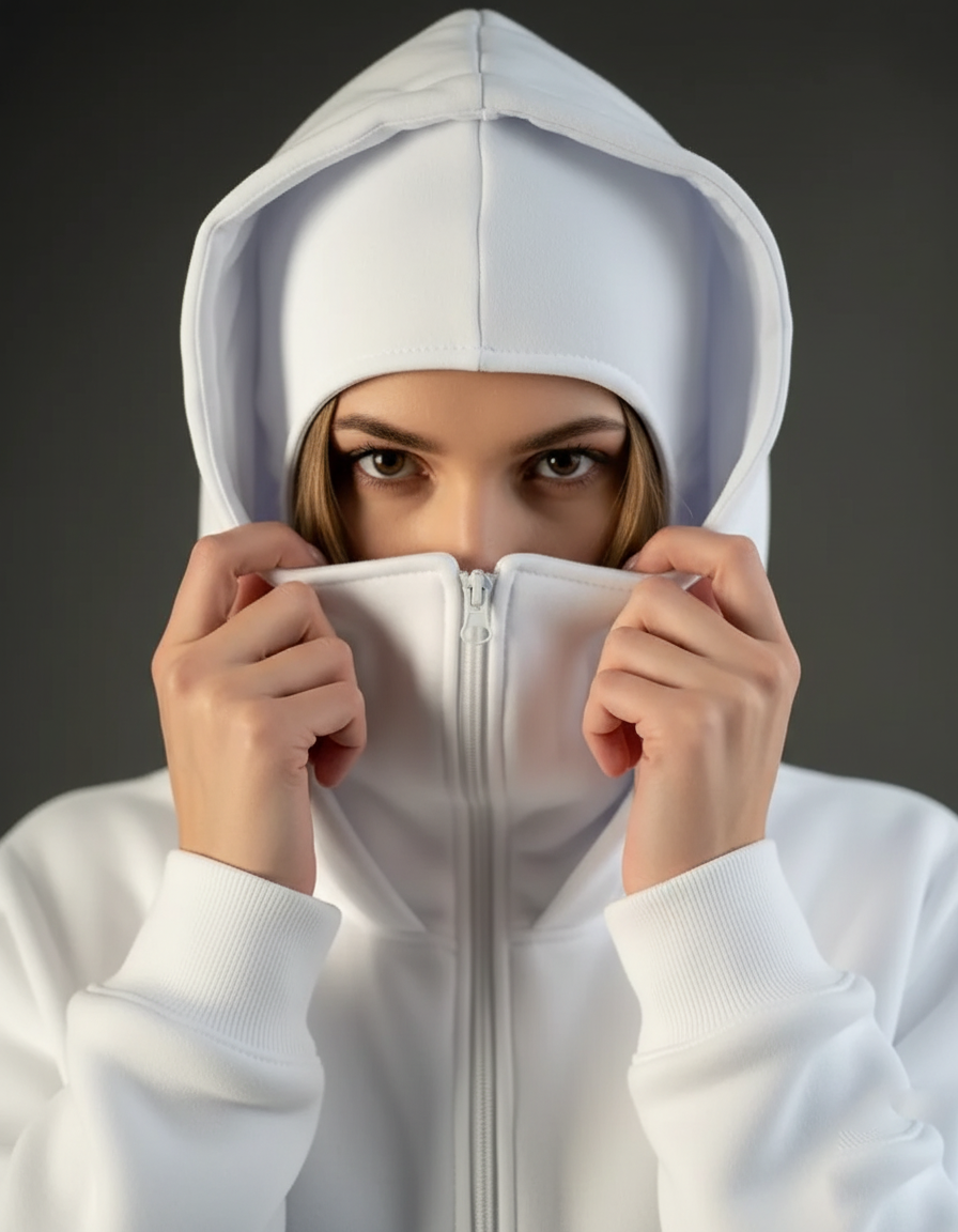 Winter White Balaclava Ninja Zipper Hoodie Jacket For Women