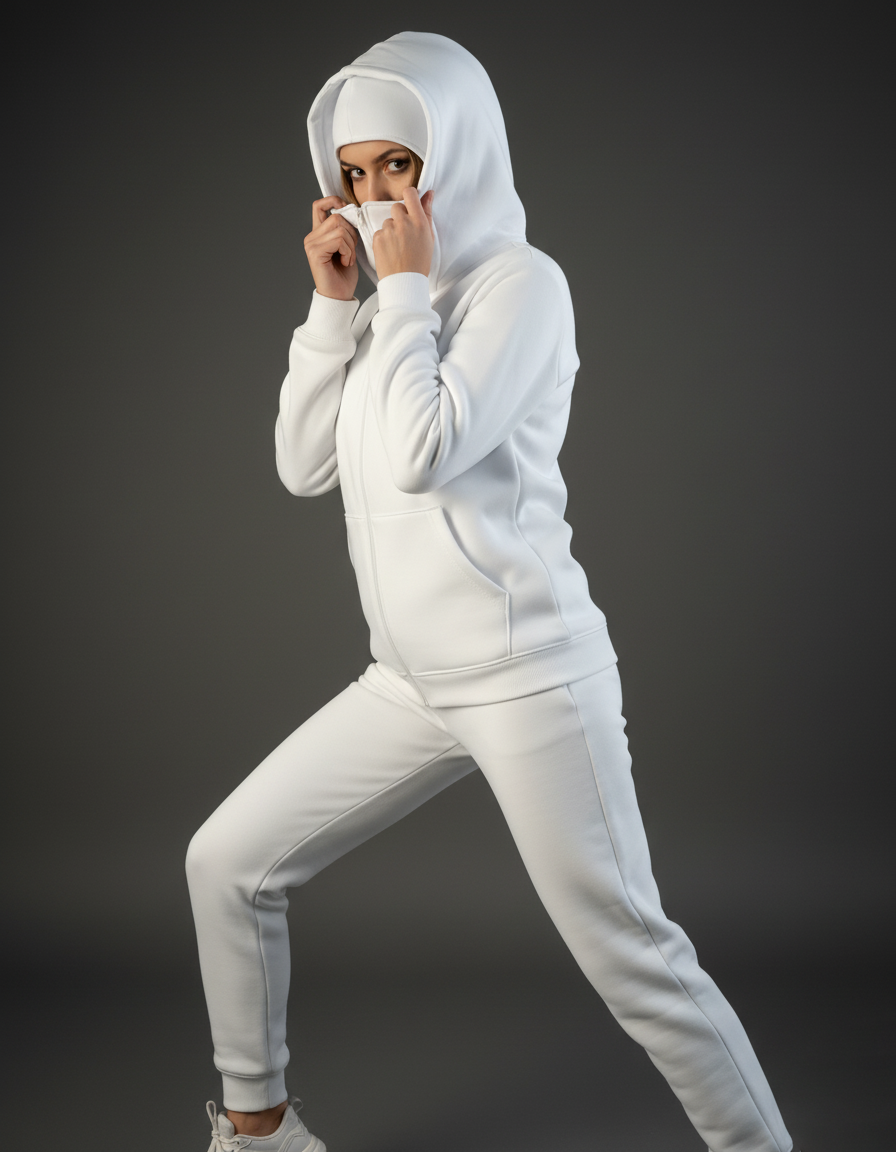 Winter White Balaclava Ninja Zipper Hoodie Jacket For Women