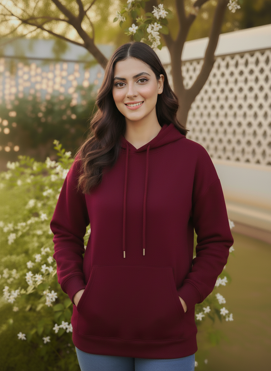 Winter Maroon Basic Hoodie For Women