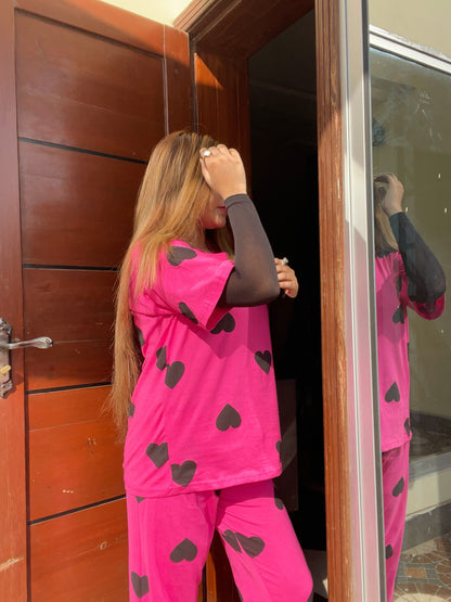 Black Multi Hearts Pink Printed  Night Suit