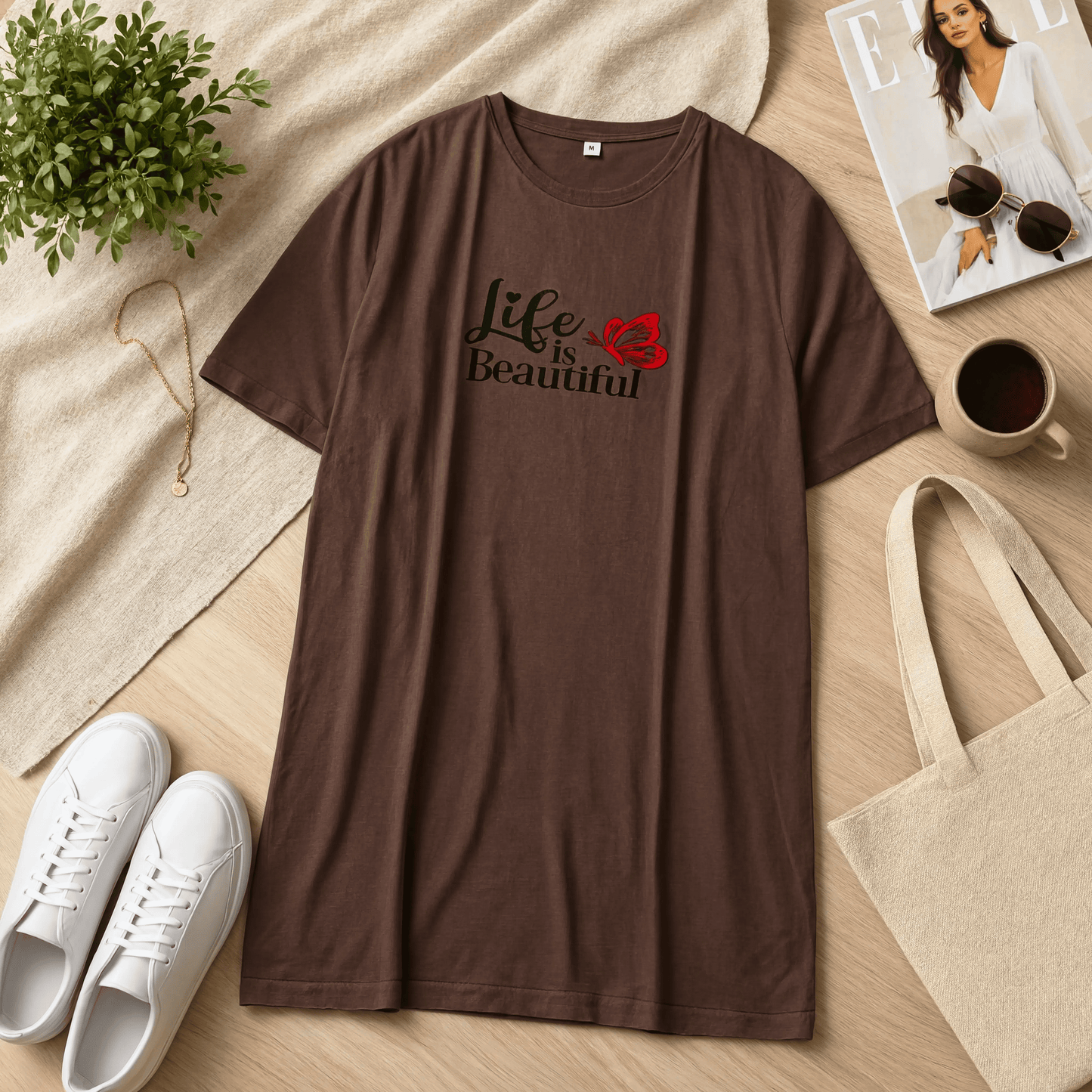 Beautiful Life Printed Brown Long T Shirt
