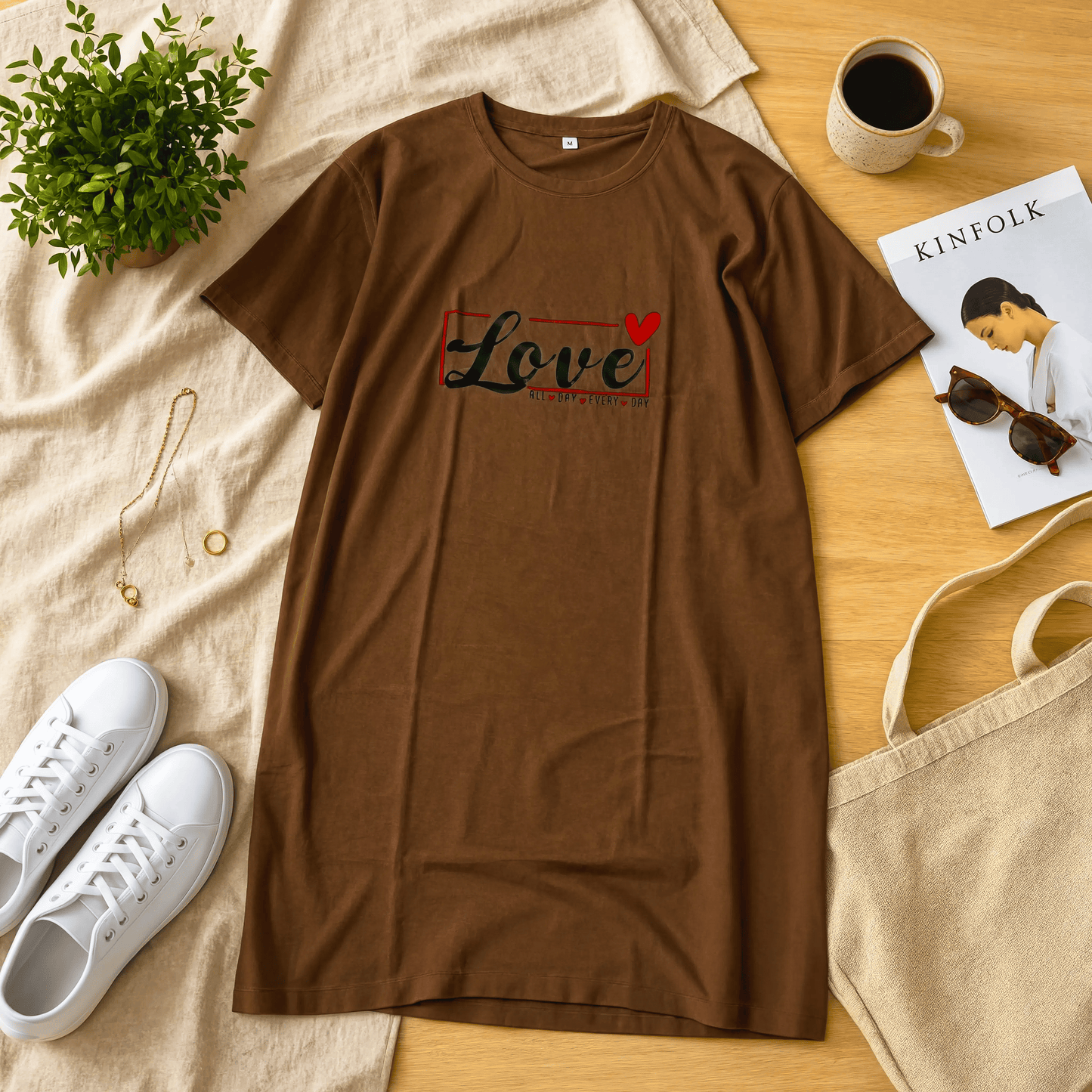 Beautiful Life Printed Brown Long T Shirt