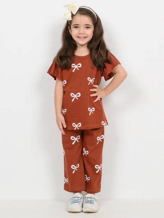 Brown Ribbon Half Sleeve Kids Suit