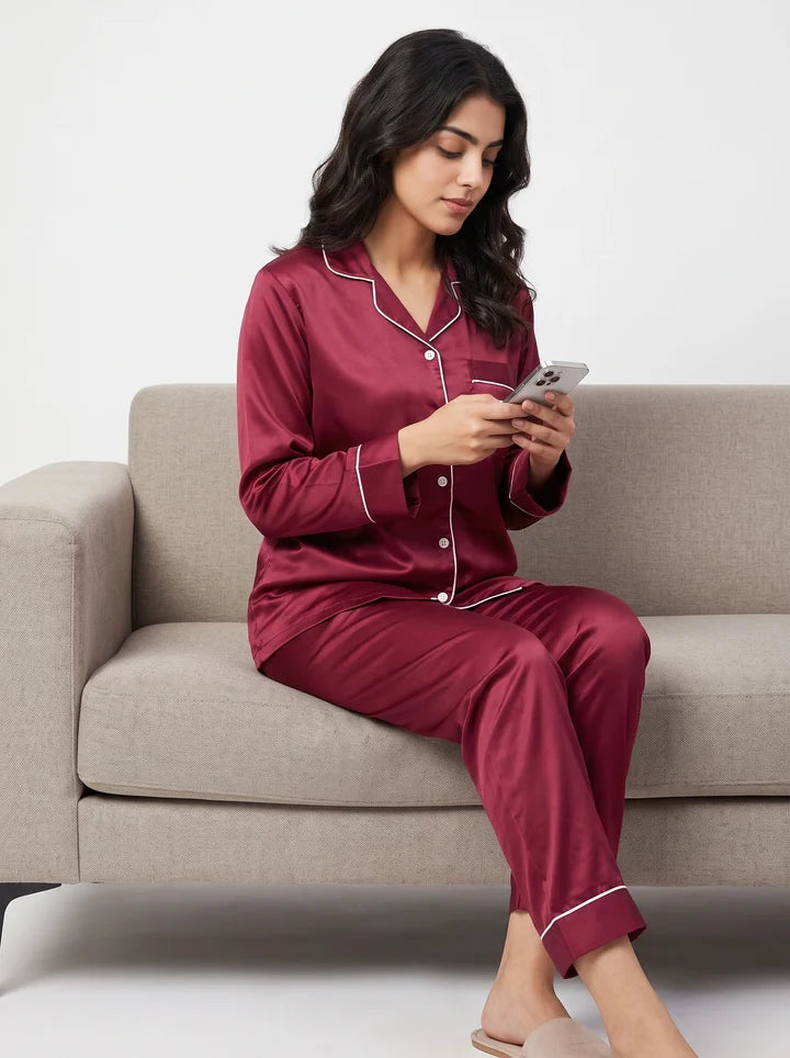 Maroon Satin Silk Pj Set