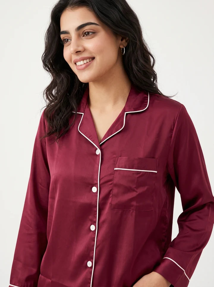 Maroon Satin Silk Pj Set