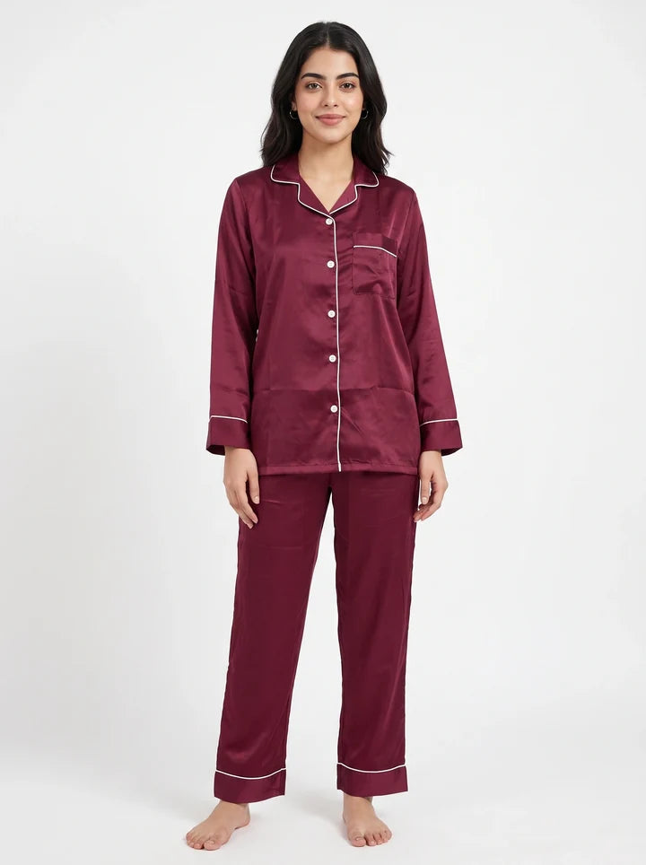 Maroon Satin Silk Pj Set