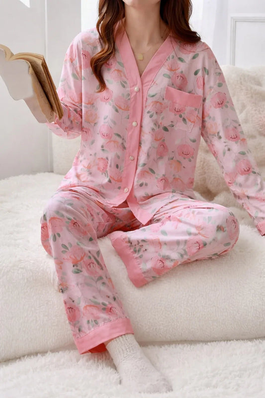 Pink Rose V-Neck Button Printed Night Suit