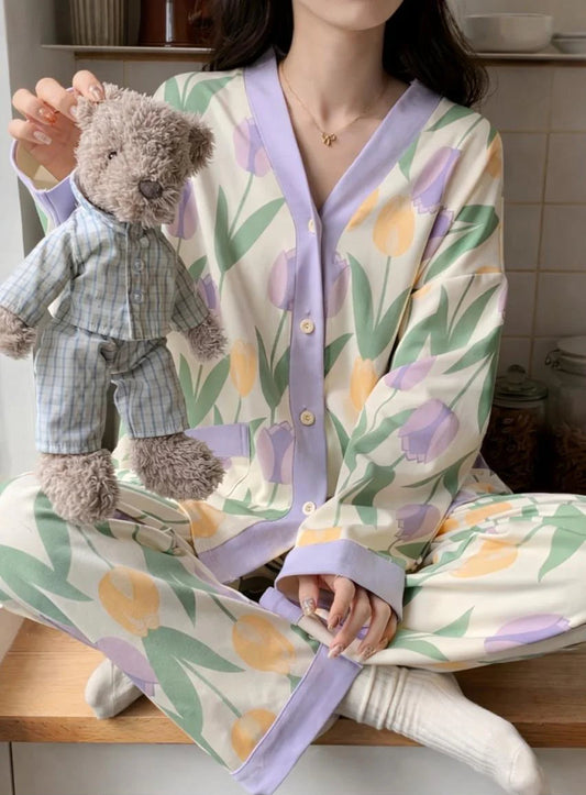 Off White With Flower V-Neck Button Printed Night Suit