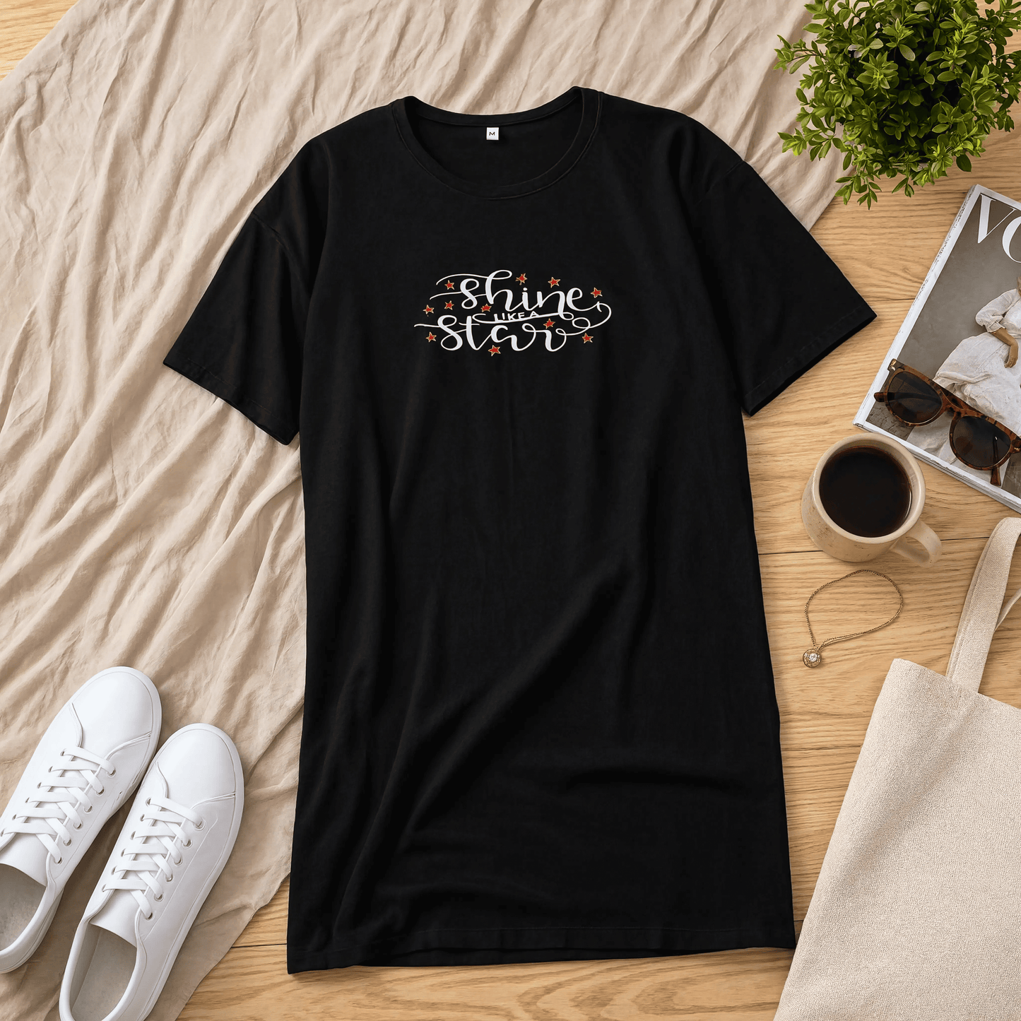 Shine Star Printed Black Long T Shirt