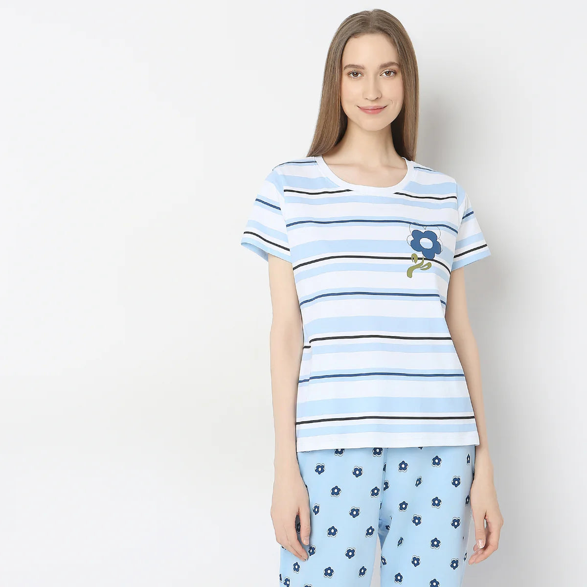 Sky Blue Lilly Printed  Night Suit