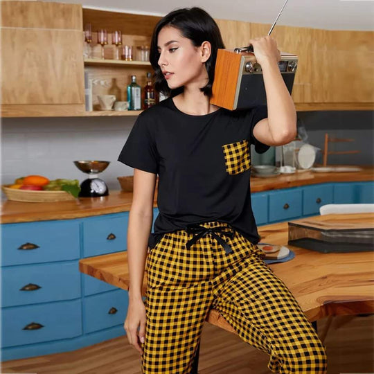 Yellow and Black Check Pocket Printed Night Suit