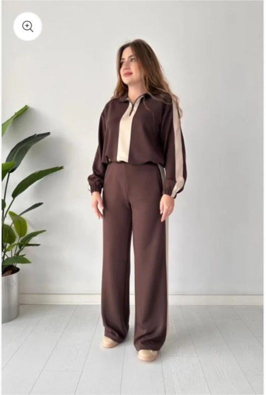 Winter Brown Zipper Panel 2 PC Co-Ord Set