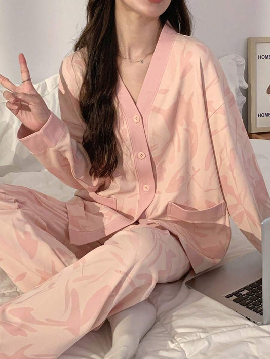 Baby Pink Petals V-Neck Button Printed Night Suit