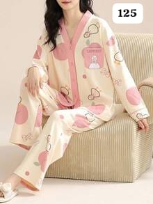 Pink Little Element V-Neck Button Printed Night Suit
